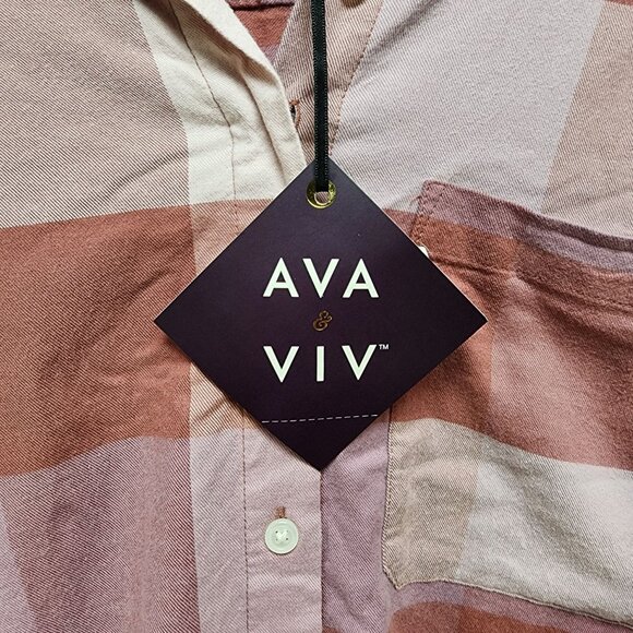 Ava & Viv Size XXL Pink Brown Womens Plaid Button-Down long Sleeve Shirt - Picture 5 of 7